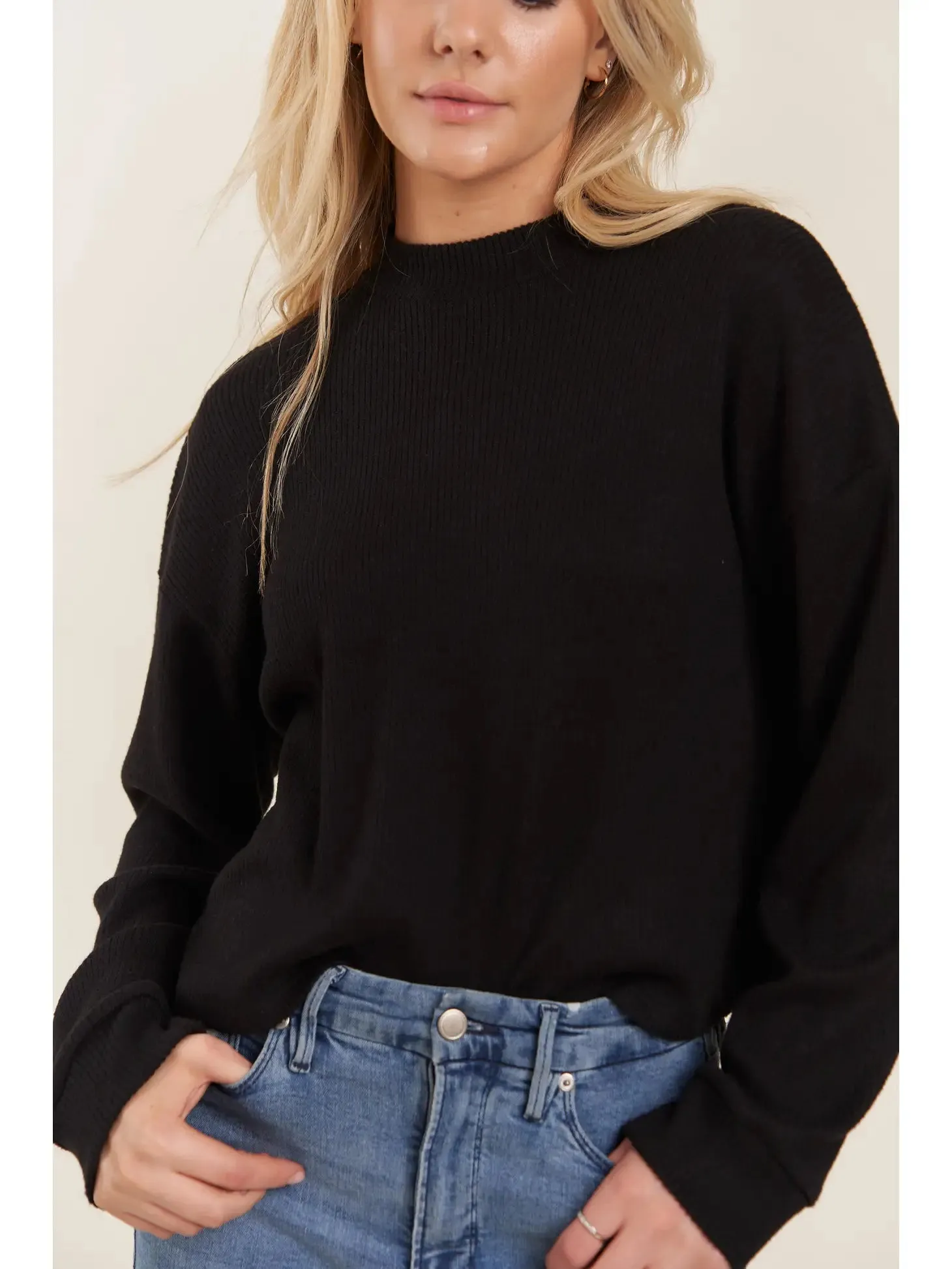 Mock Neck Hi-Low Crop Top Sweater - Black (READY TO SHIP)