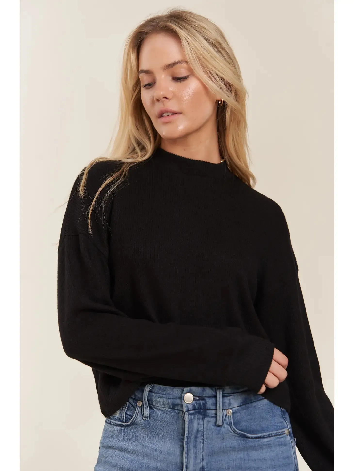 Mock Neck Hi-Low Crop Top Sweater - Black (READY TO SHIP)