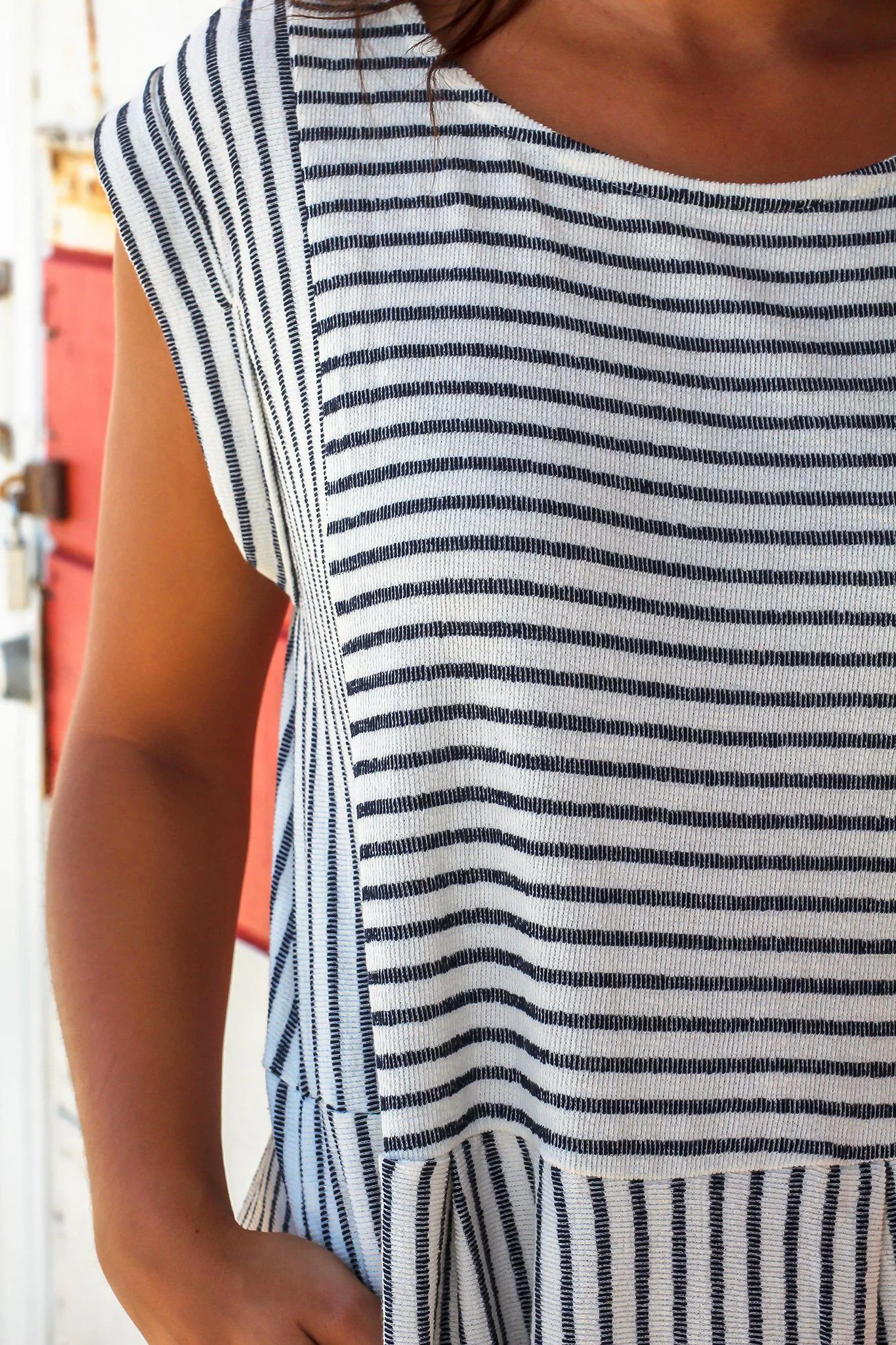 Navy and White Striped Short Dress with Pockets