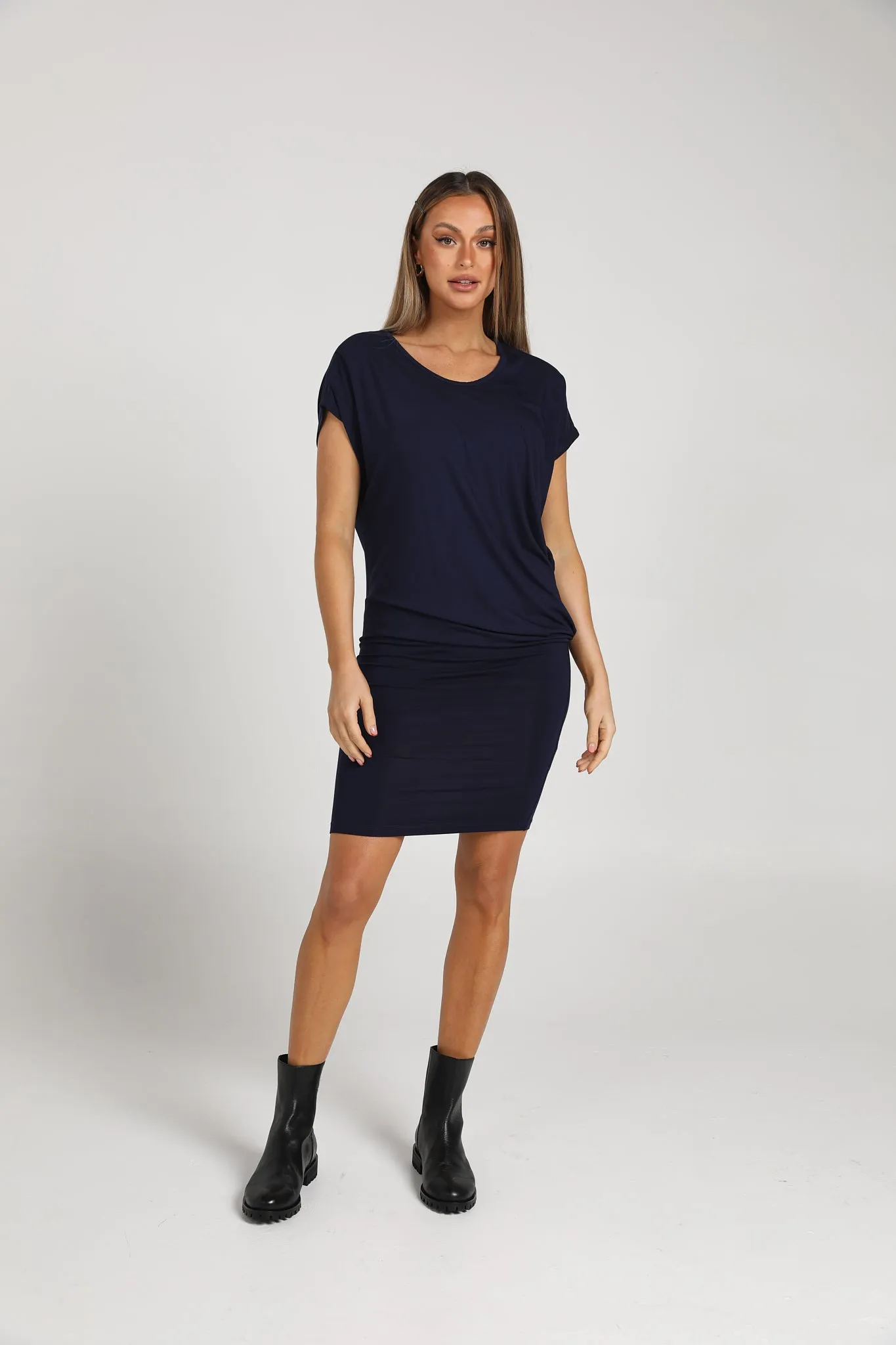 Nora Asymmetrical Bamboo T-Shirt Dress - Navy