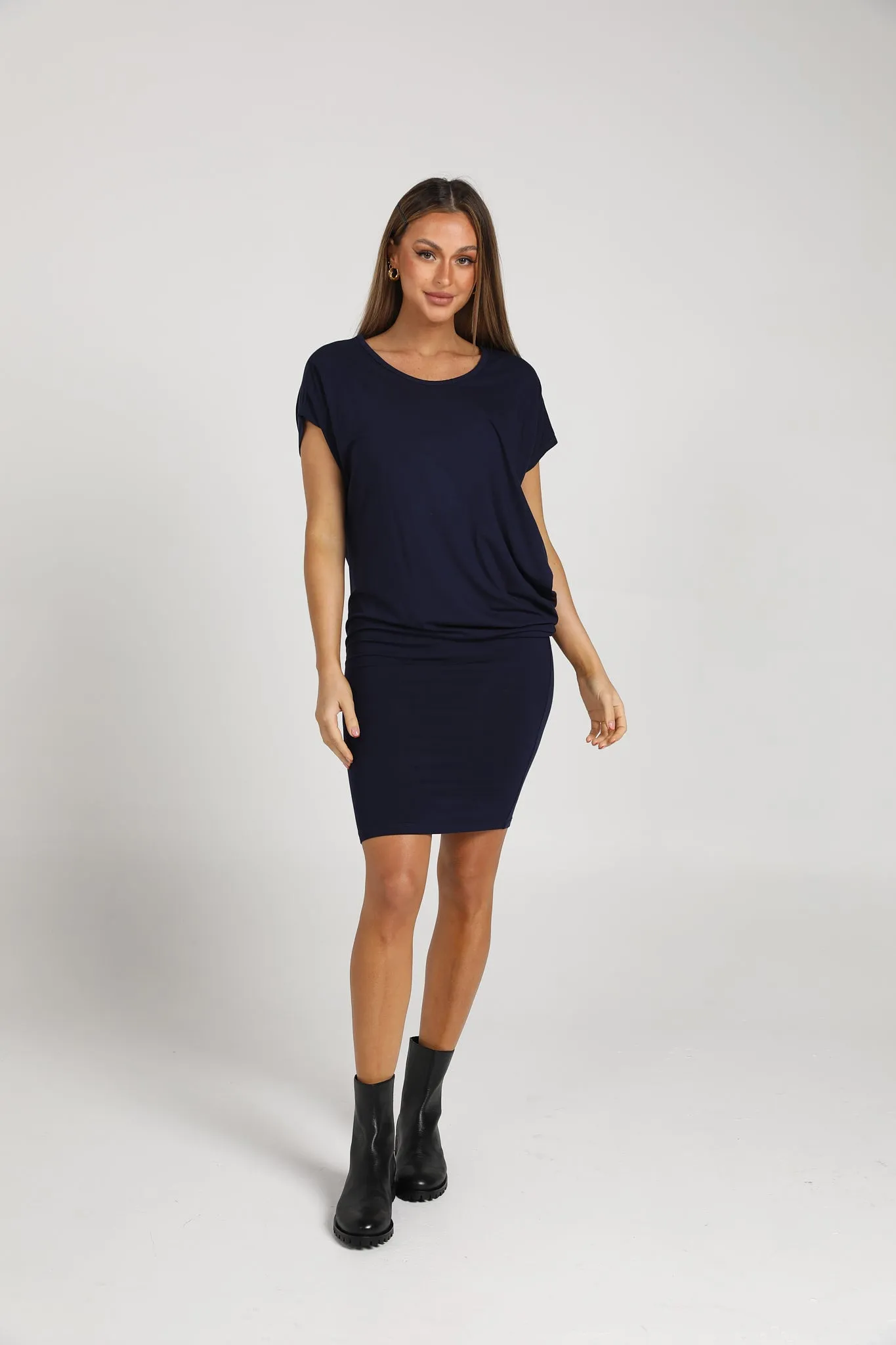 Nora Asymmetrical Bamboo T-Shirt Dress - Navy