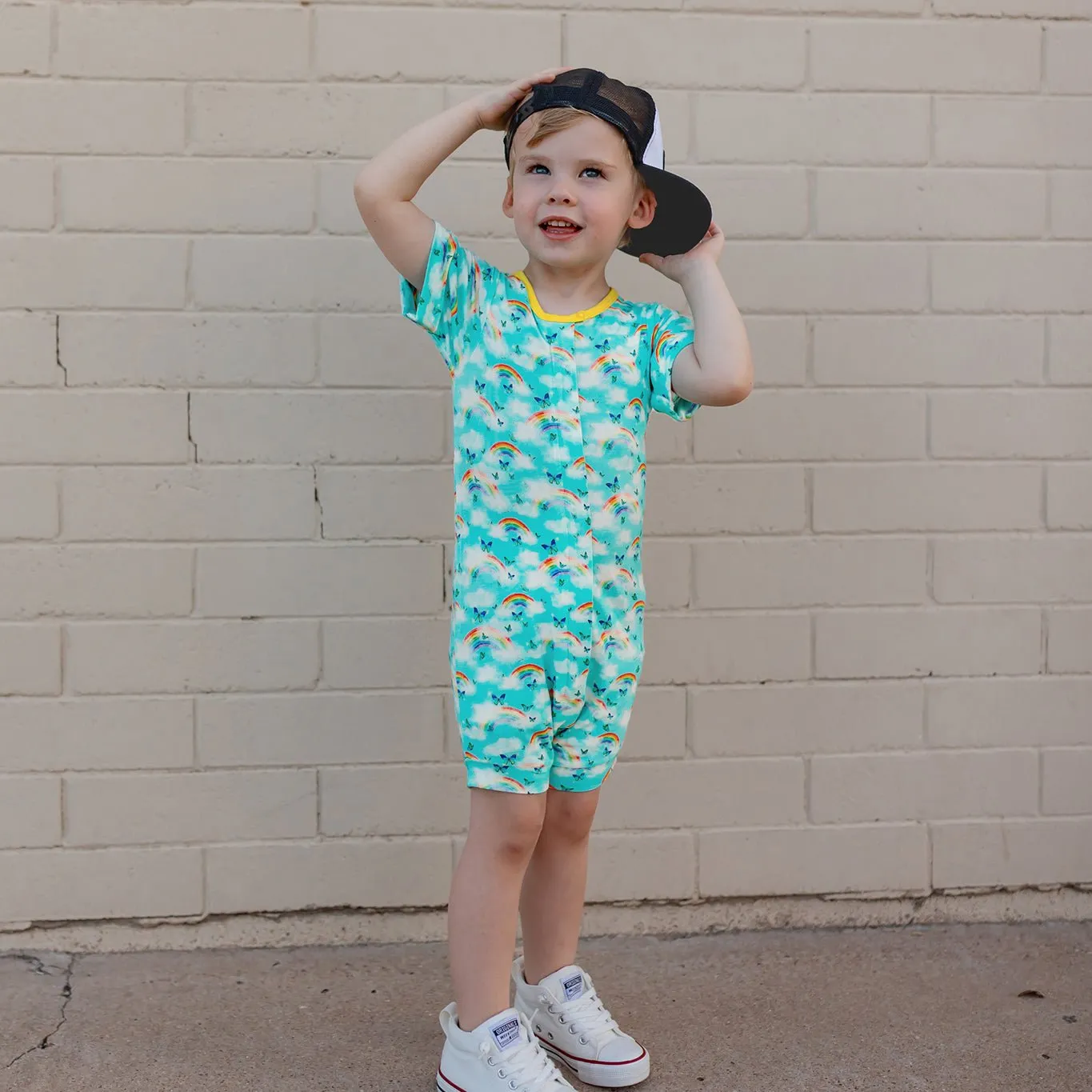 Over the Rainbow & Butterflies Short Two-Way Zippy Romper (0-3T)