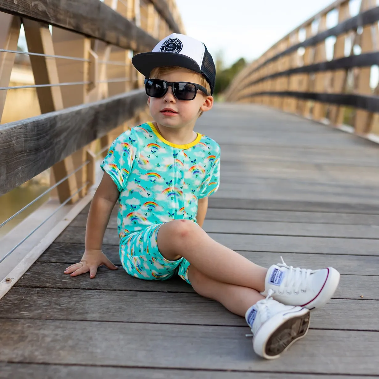 Over the Rainbow & Butterflies Short Two-Way Zippy Romper (0-3T)