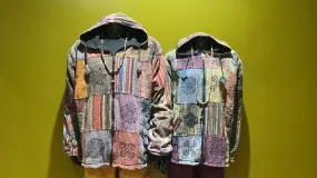 Patchwork & Painting Cotton Zip-Up Hoodie Jacket W/ Fleece Lining