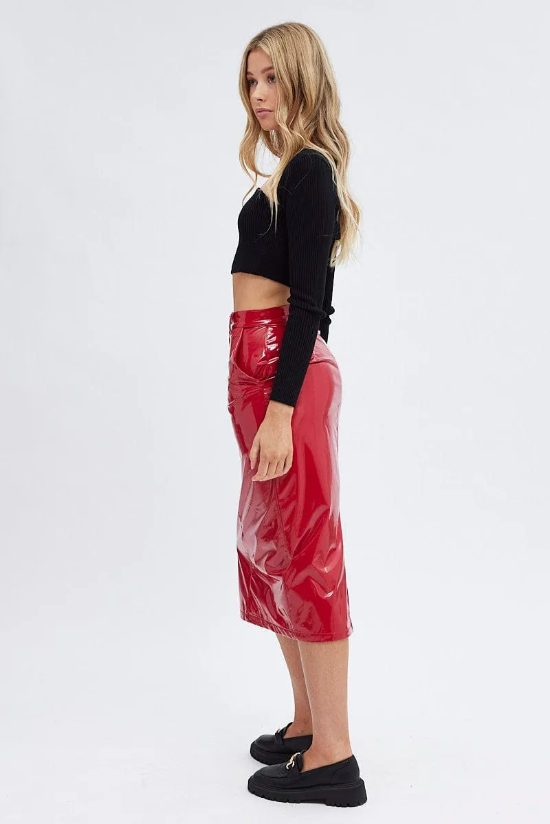 Red Midi Skirt High Rise Pencil PU Patent Faux Leather