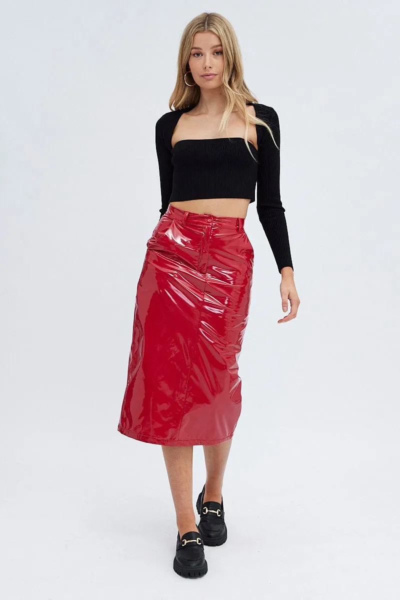 Red Midi Skirt High Rise Pencil PU Patent Faux Leather