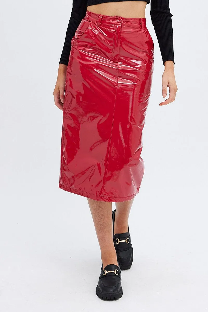 Red Midi Skirt High Rise Pencil PU Patent Faux Leather