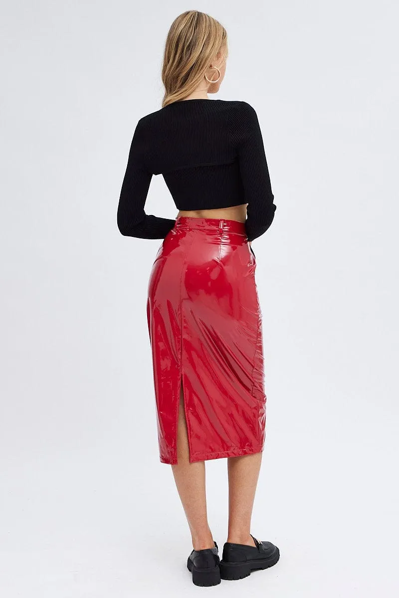 Red Midi Skirt High Rise Pencil PU Patent Faux Leather