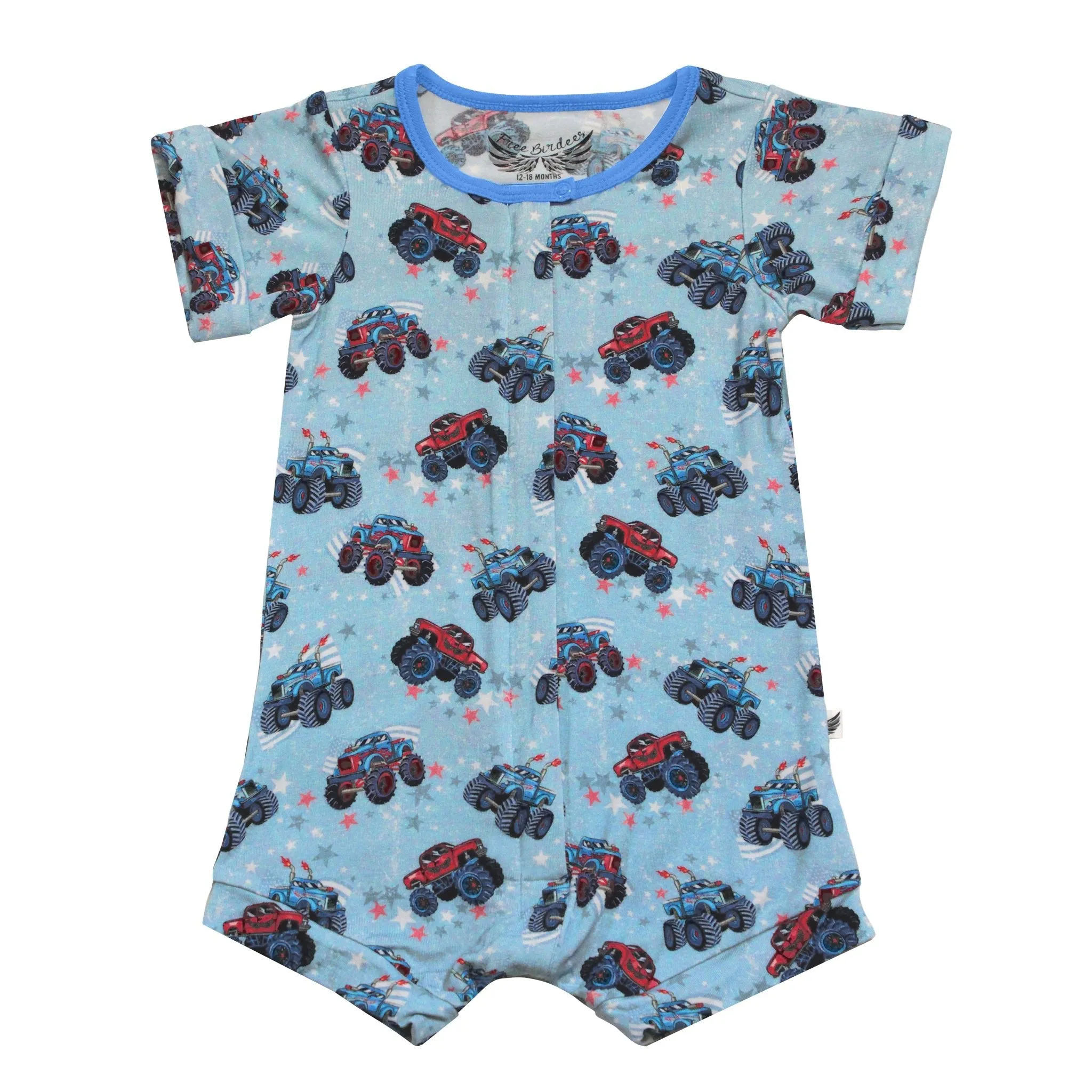 Red, White & Vroom Monster Trucks Short Two-Way Zippy Romper (0-3T)