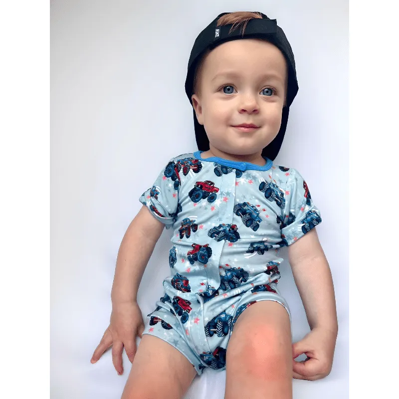 Red, White & Vroom Monster Trucks Short Two-Way Zippy Romper (0-3T)