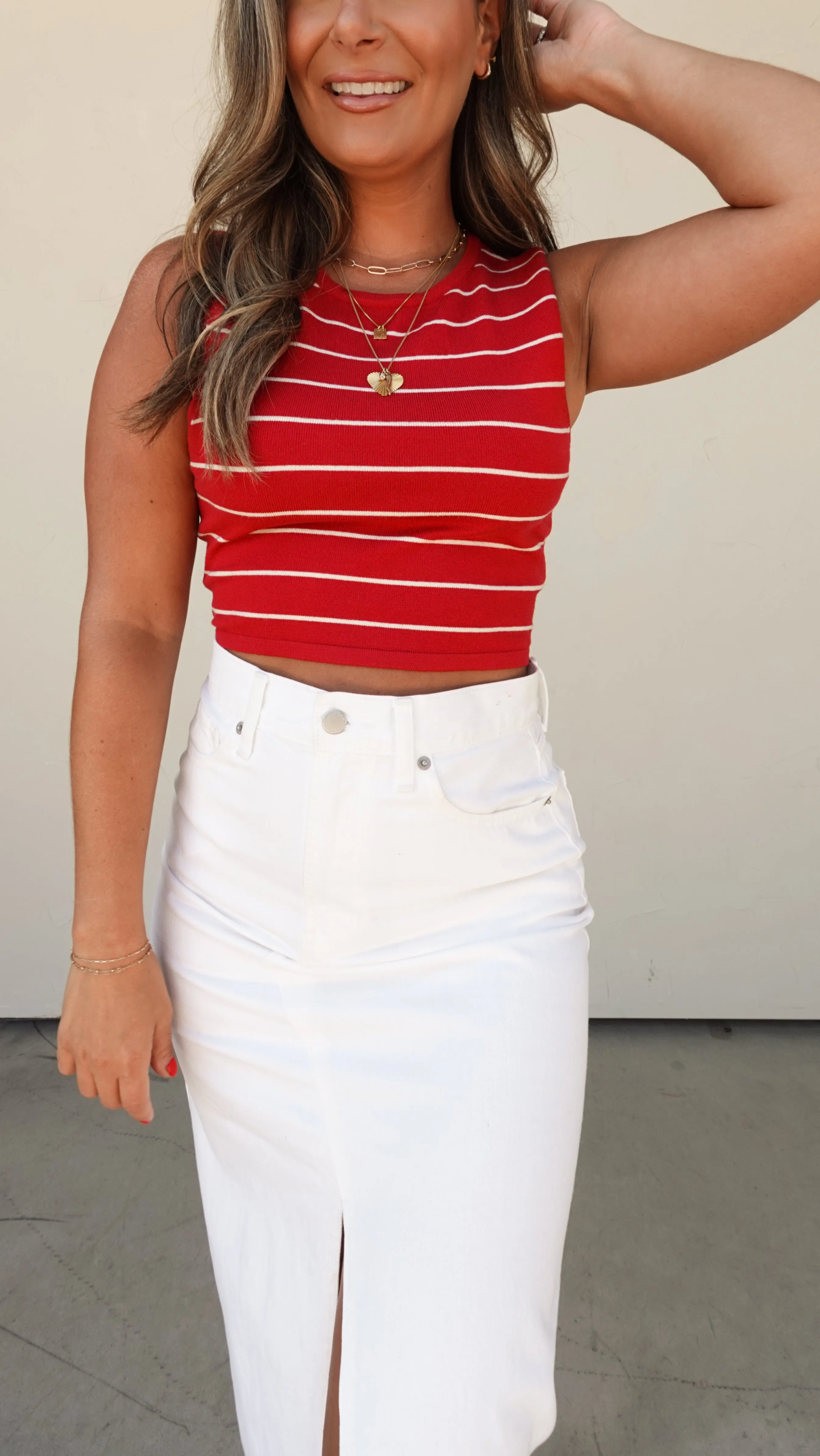 Red/White Striped Sweater Crop Tank