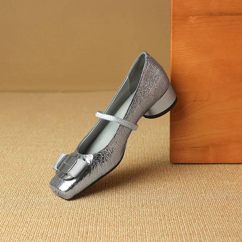 Retro Metallic Bow Round Toe Shoes