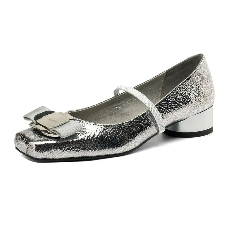 Retro Metallic Bow Round Toe Shoes