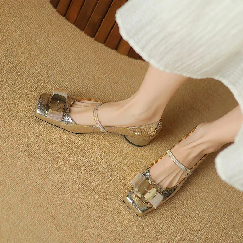 Retro Metallic Bow Round Toe Shoes