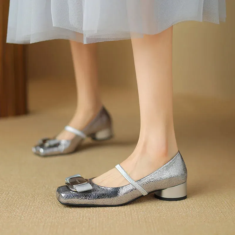 Retro Metallic Bow Round Toe Shoes