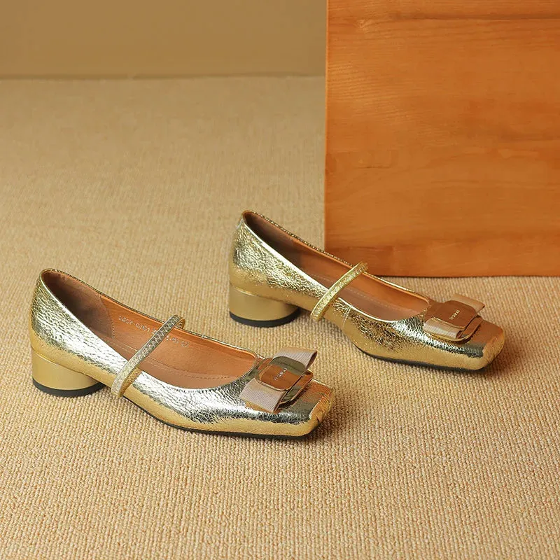 Retro Metallic Bow Round Toe Shoes