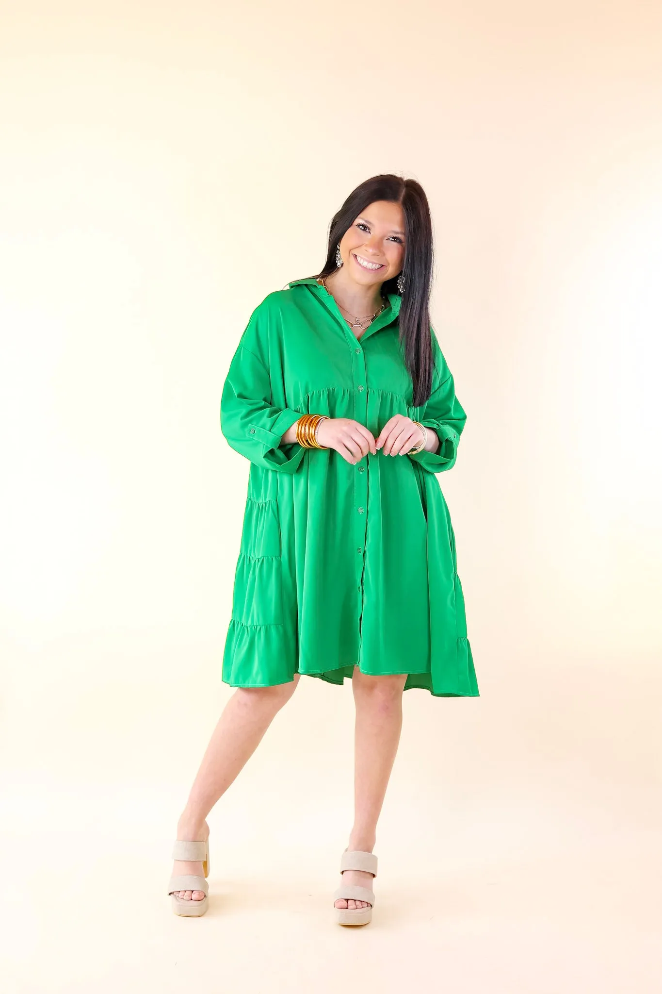 Risky Business Button Up Babydoll Dress in Green