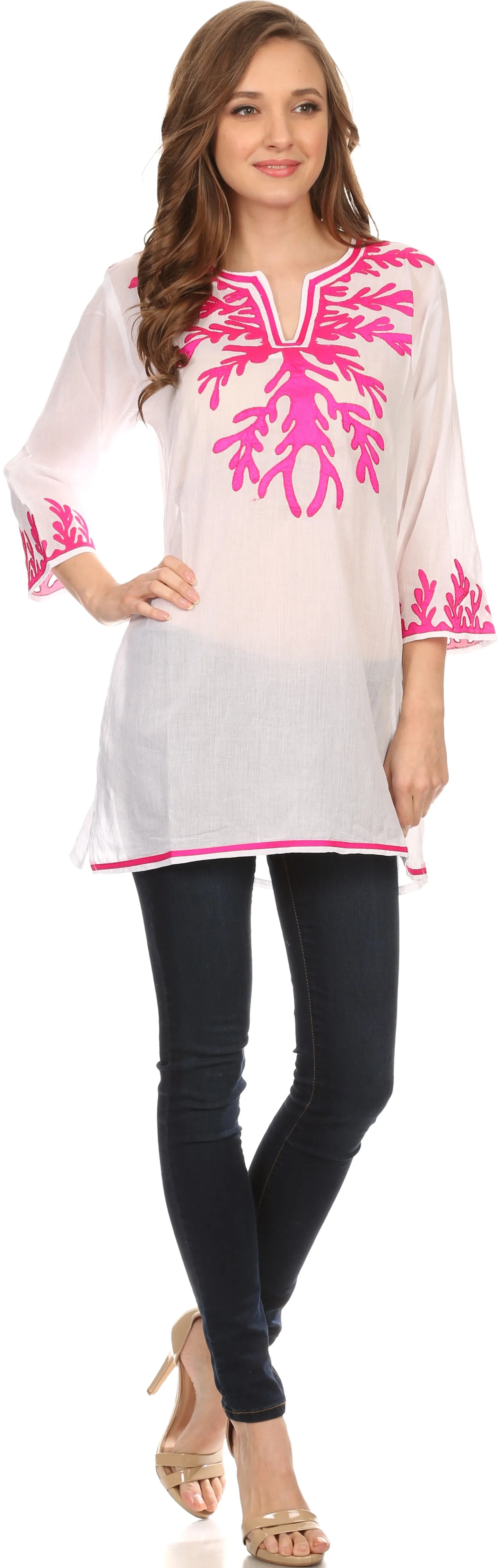 Sakkas Gyan Tunic Blouse Shirt With Long Sleeves And Emrboidery Details