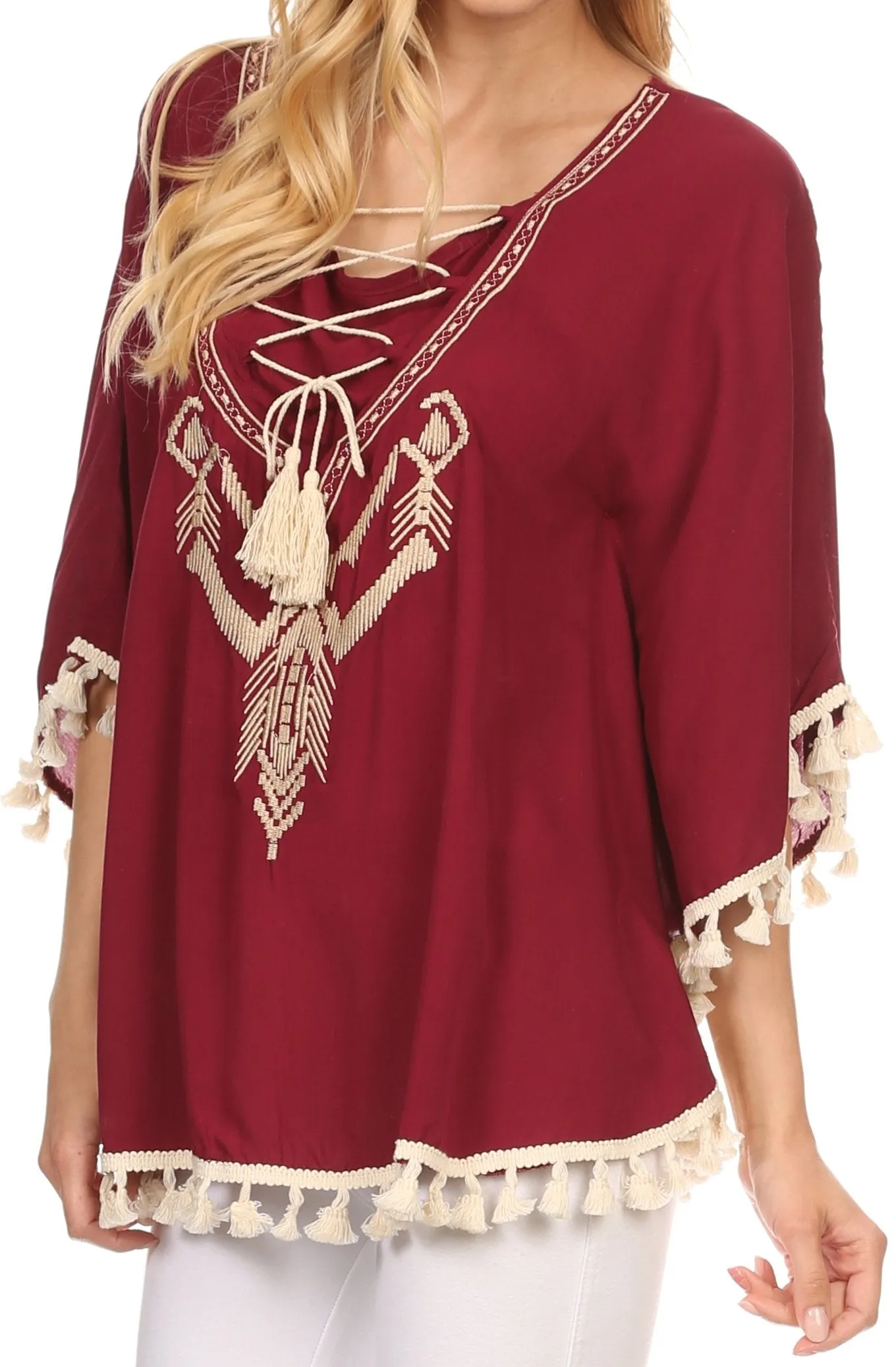 Sakkas Moonla Wide Embroidered Tassel Neck Closure Poncho Tunic Blouse Shirt Top