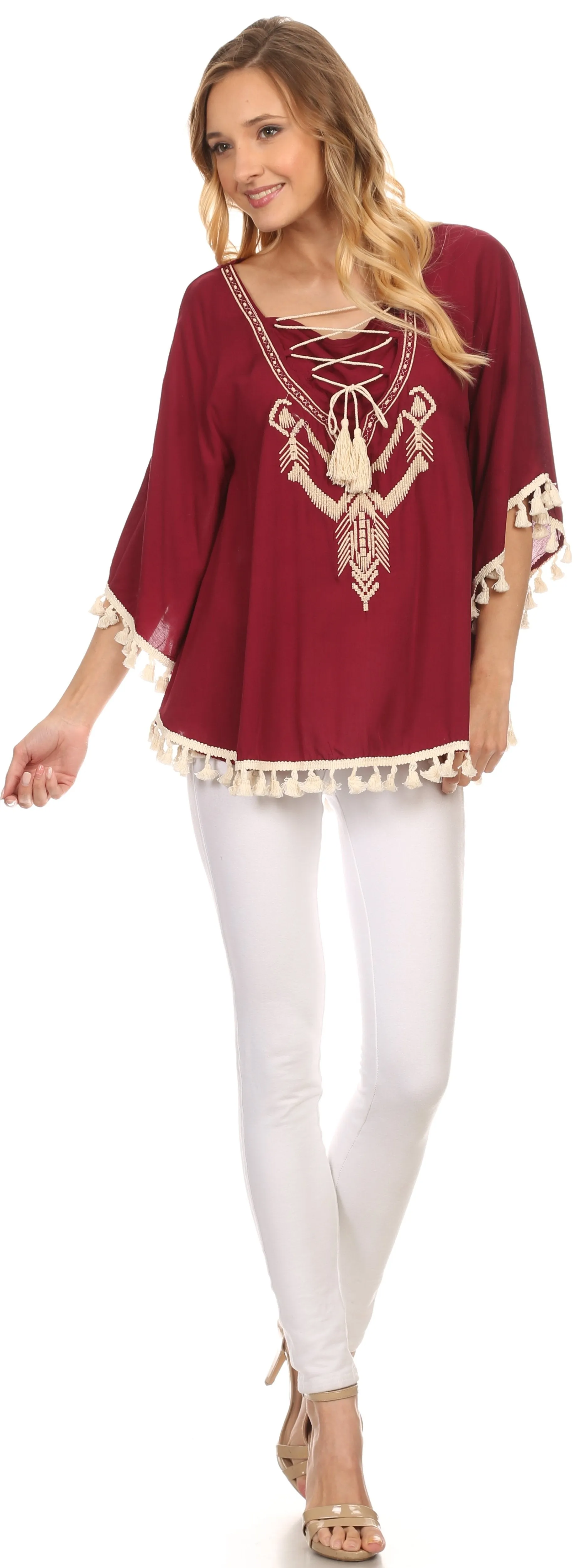 Sakkas Moonla Wide Embroidered Tassel Neck Closure Poncho Tunic Blouse Shirt Top