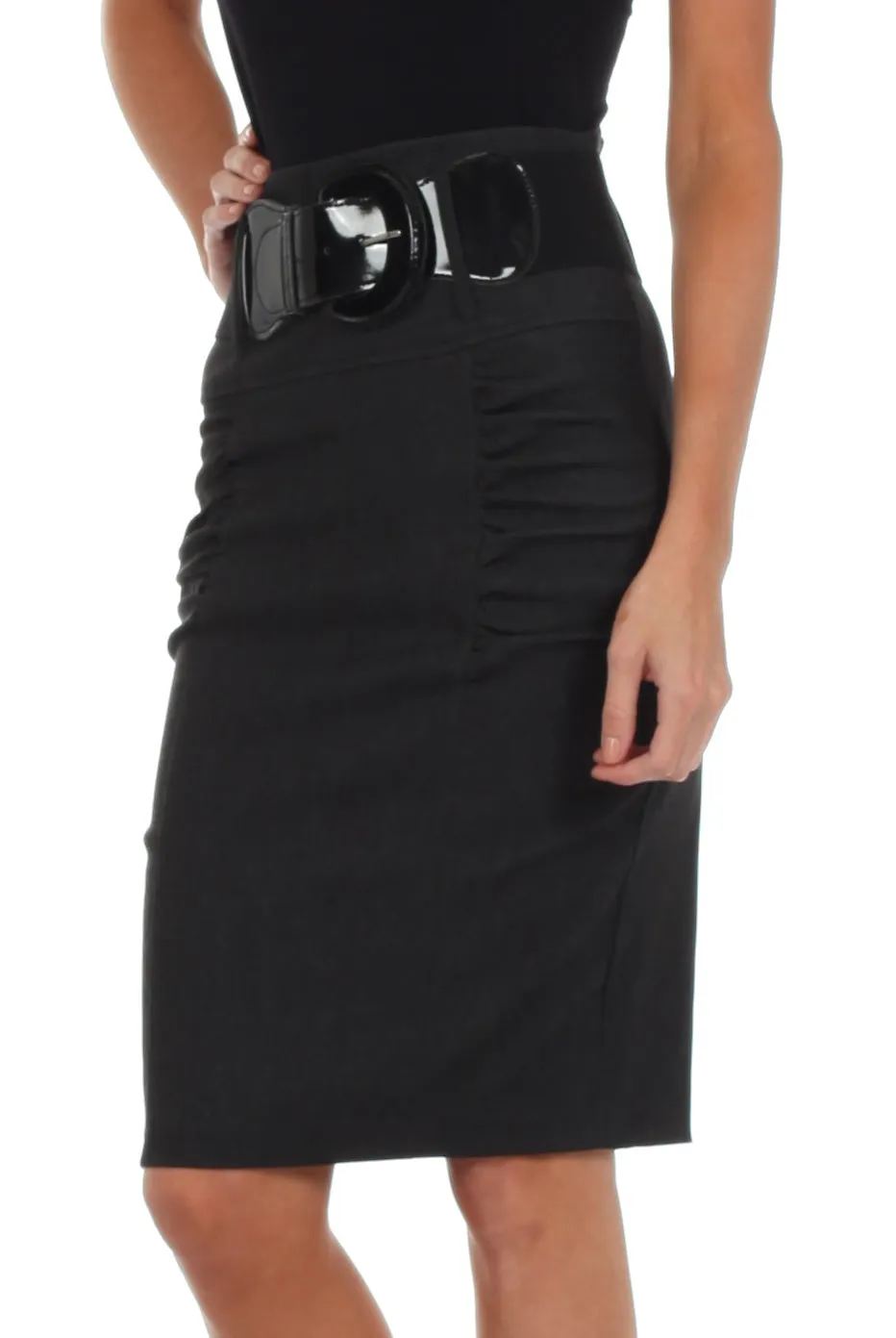 Sakkas Petite High Waist Shirred Stretch Pencil Skirt with Wide Belt