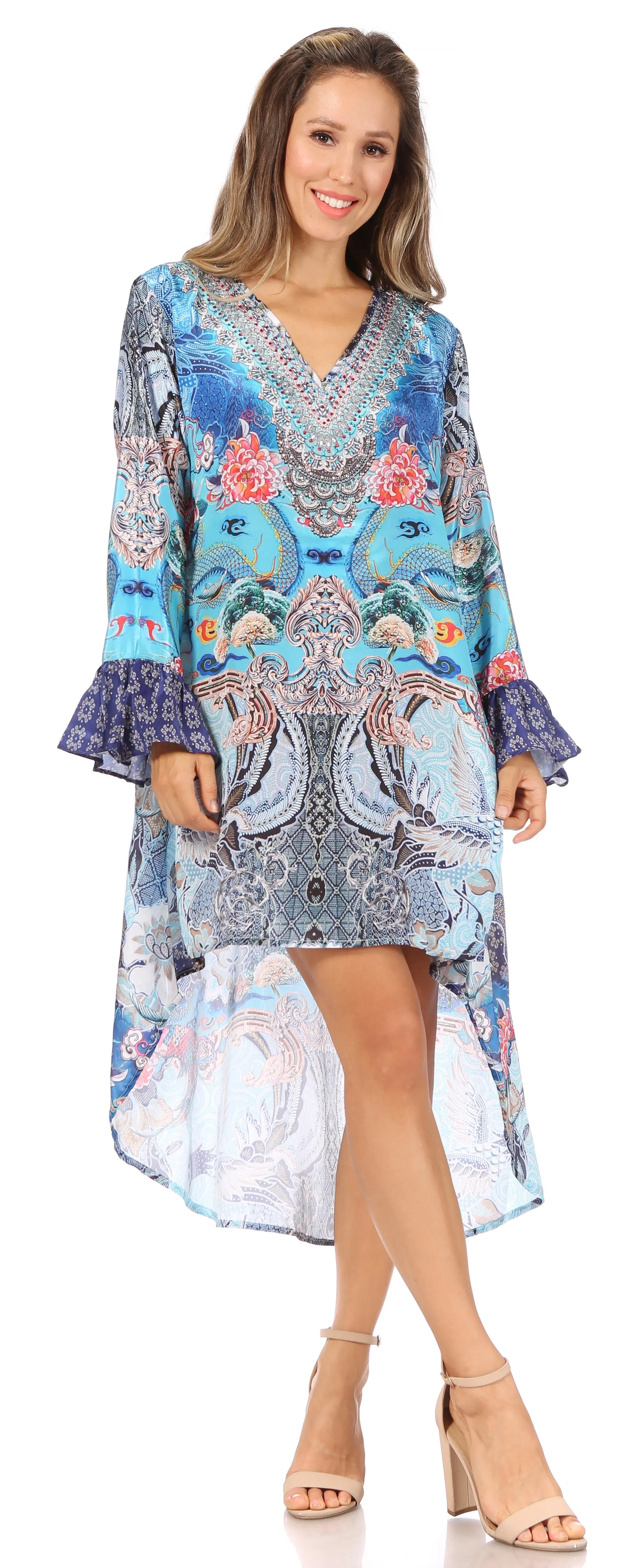 Sakkas Rema Women's Boho Shift Tunic High Low  V-neck Long Sleeve Dress with Print