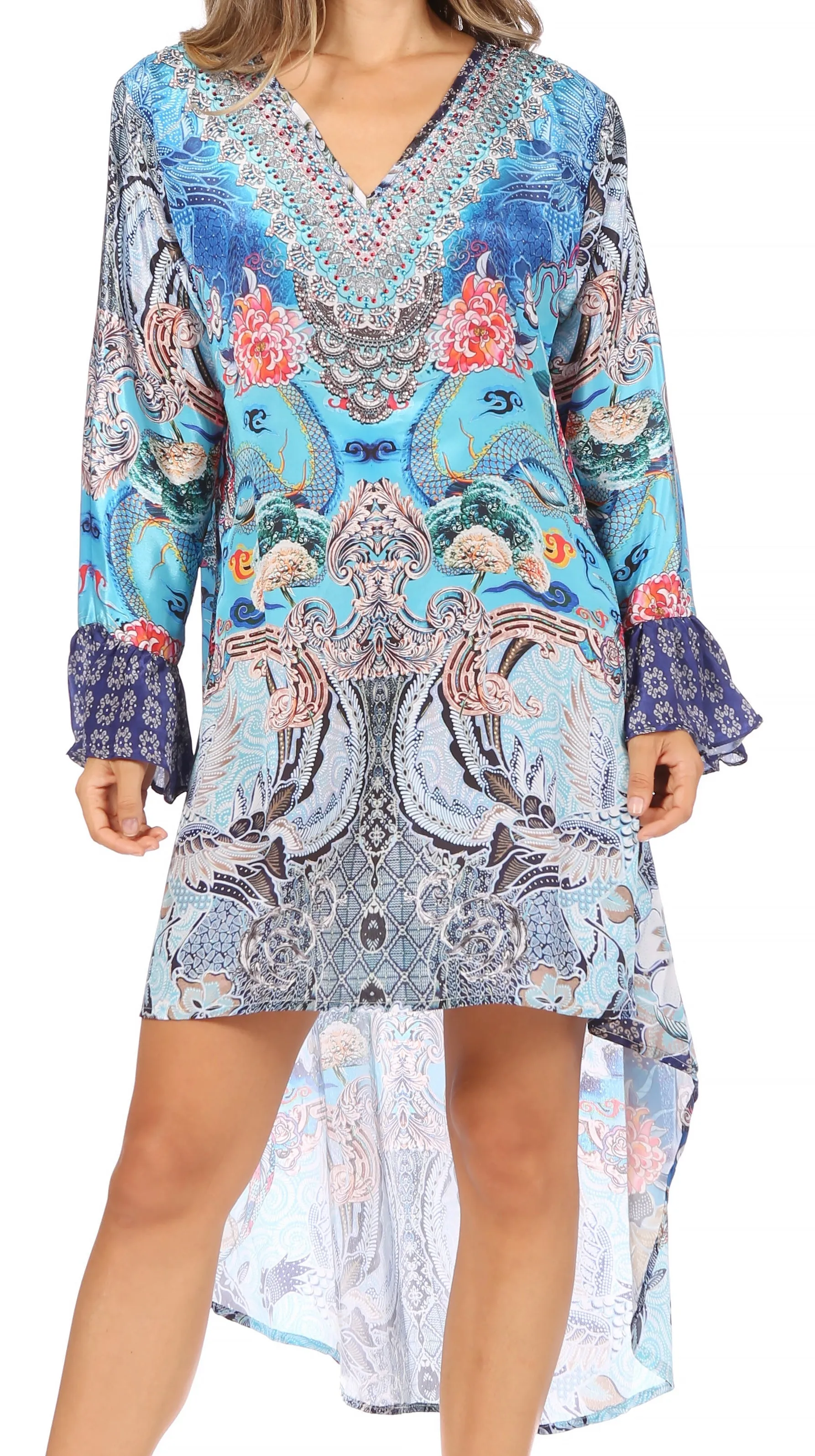 Sakkas Rema Women's Boho Shift Tunic High Low  V-neck Long Sleeve Dress with Print