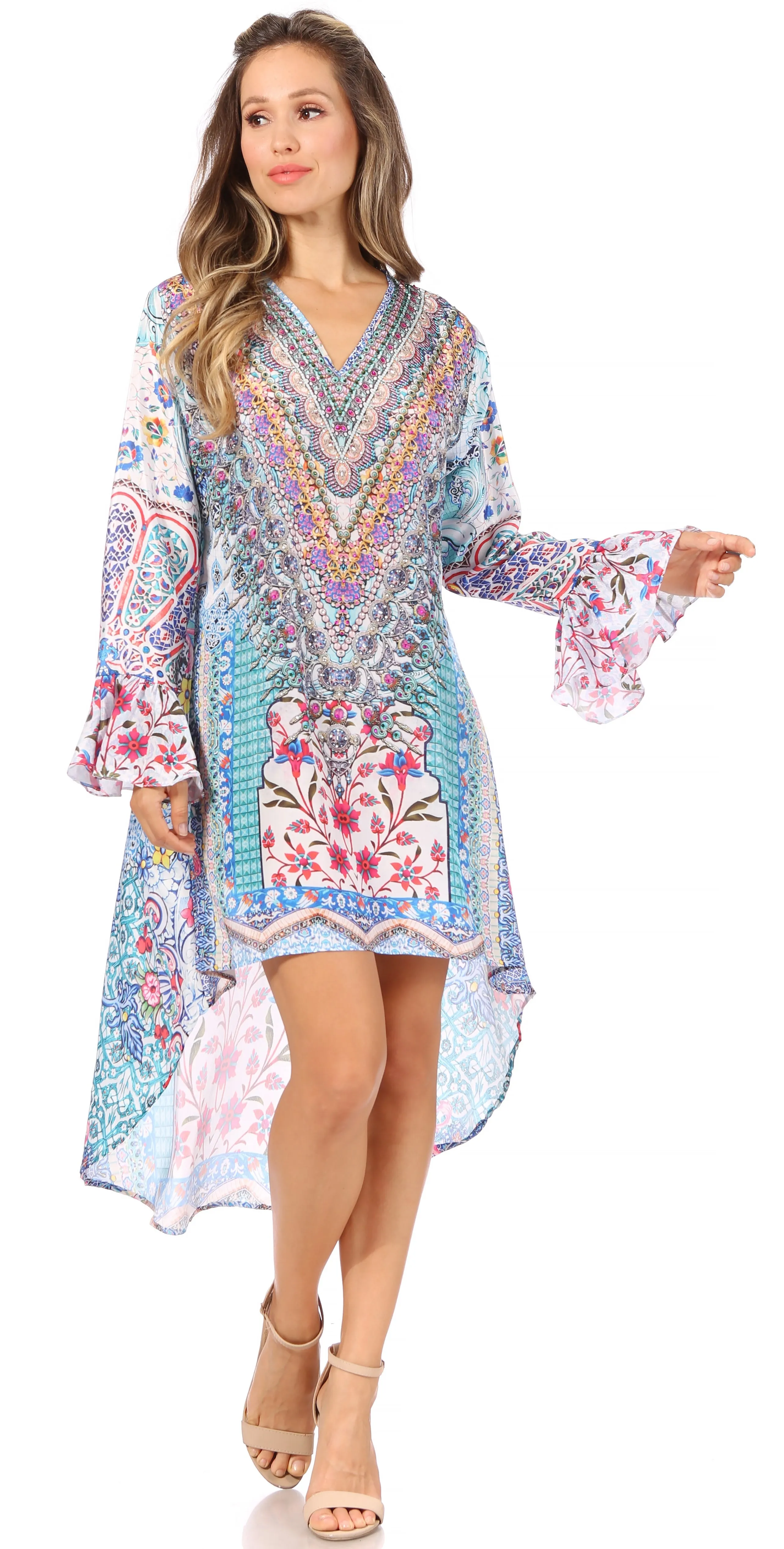 Sakkas Rema Women's Boho Shift Tunic High Low  V-neck Long Sleeve Dress with Print