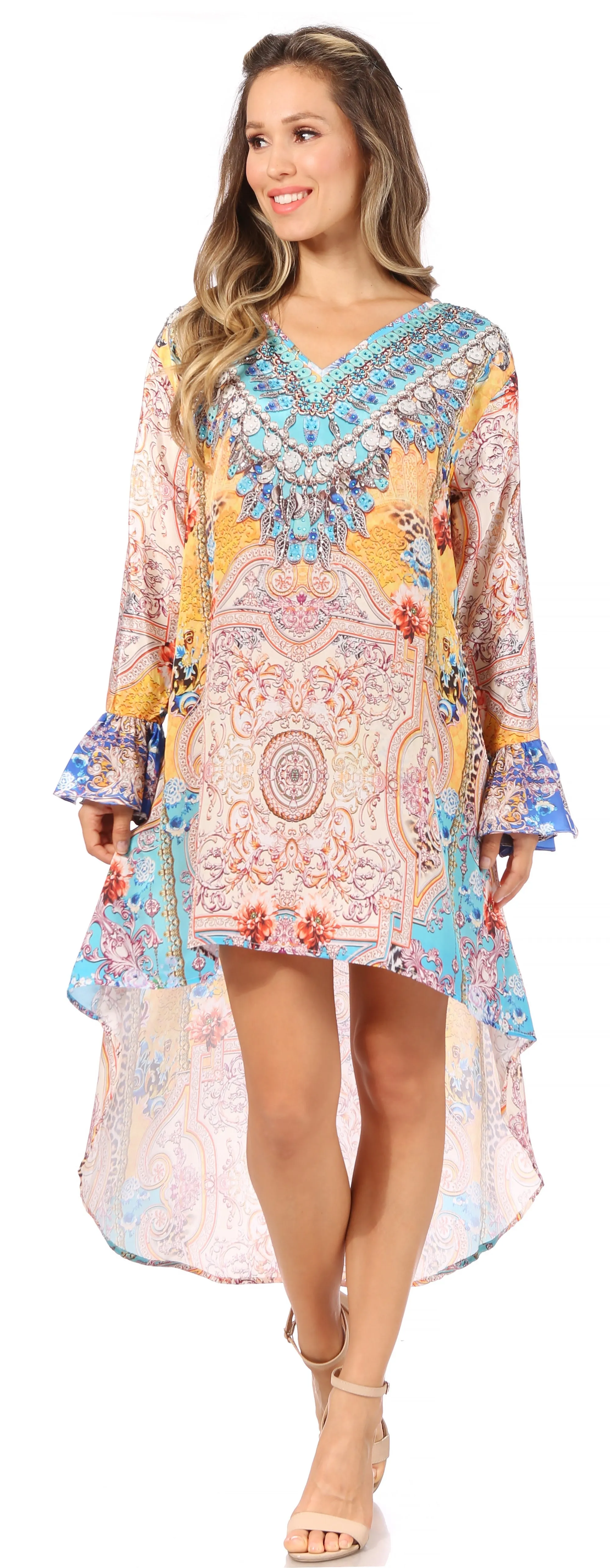 Sakkas Rema Women's Boho Shift Tunic High Low  V-neck Long Sleeve Dress with Print