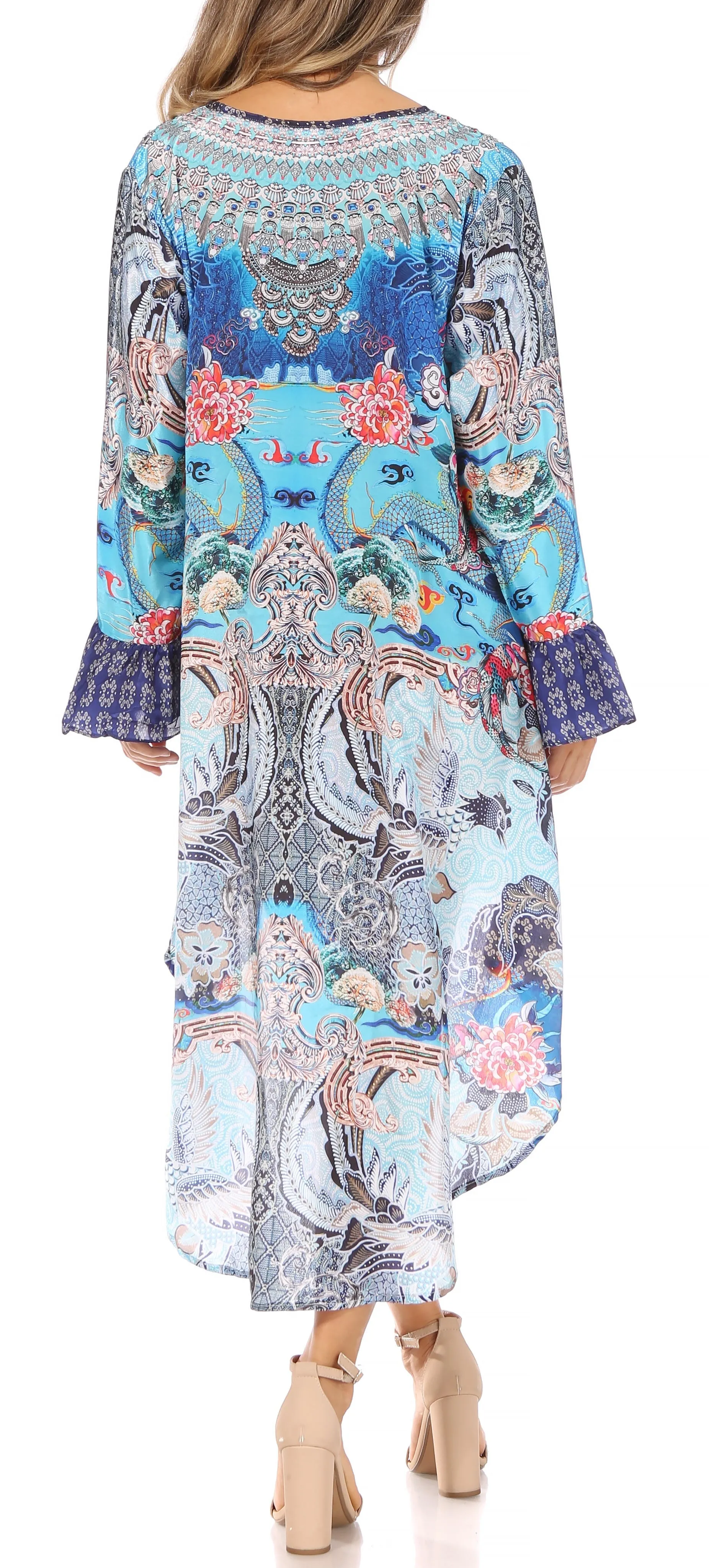 Sakkas Rema Women's Boho Shift Tunic High Low  V-neck Long Sleeve Dress with Print