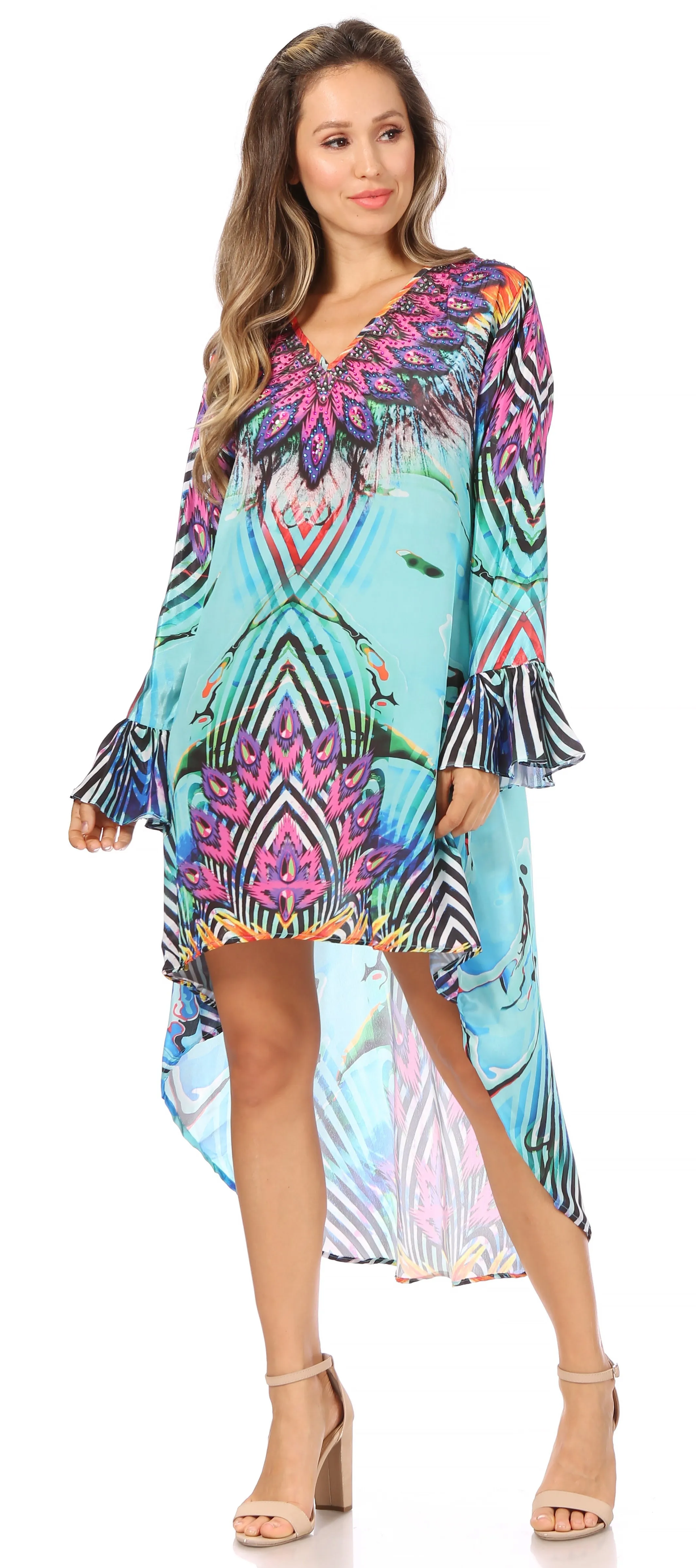 Sakkas Rema Women's Boho Shift Tunic High Low  V-neck Long Sleeve Dress with Print