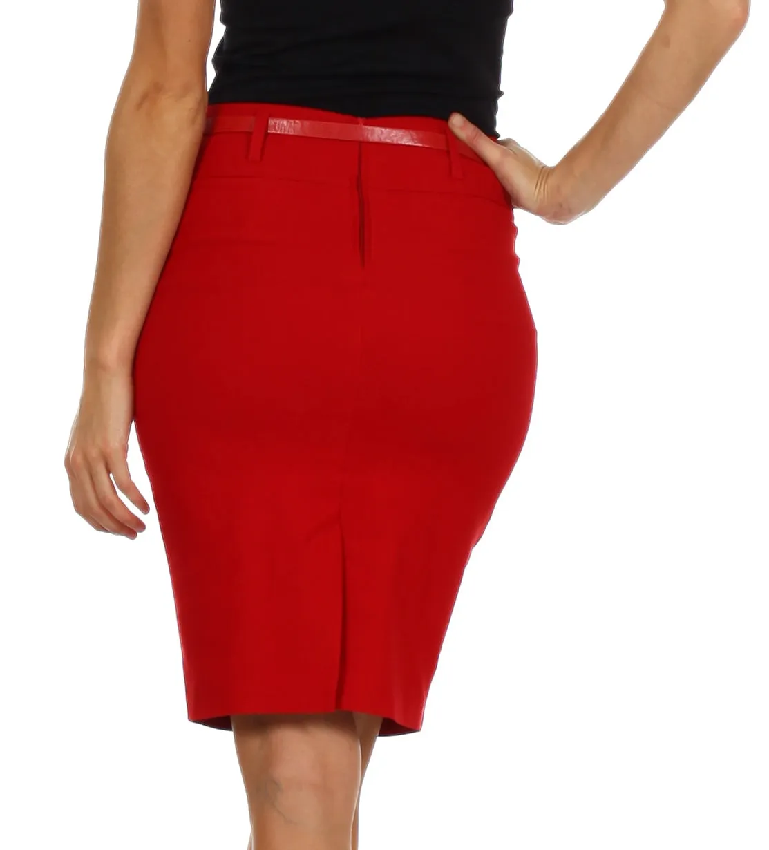 Sakkas Women's Shirred Hip Stretch Pencil Skirt with Skinny Belt