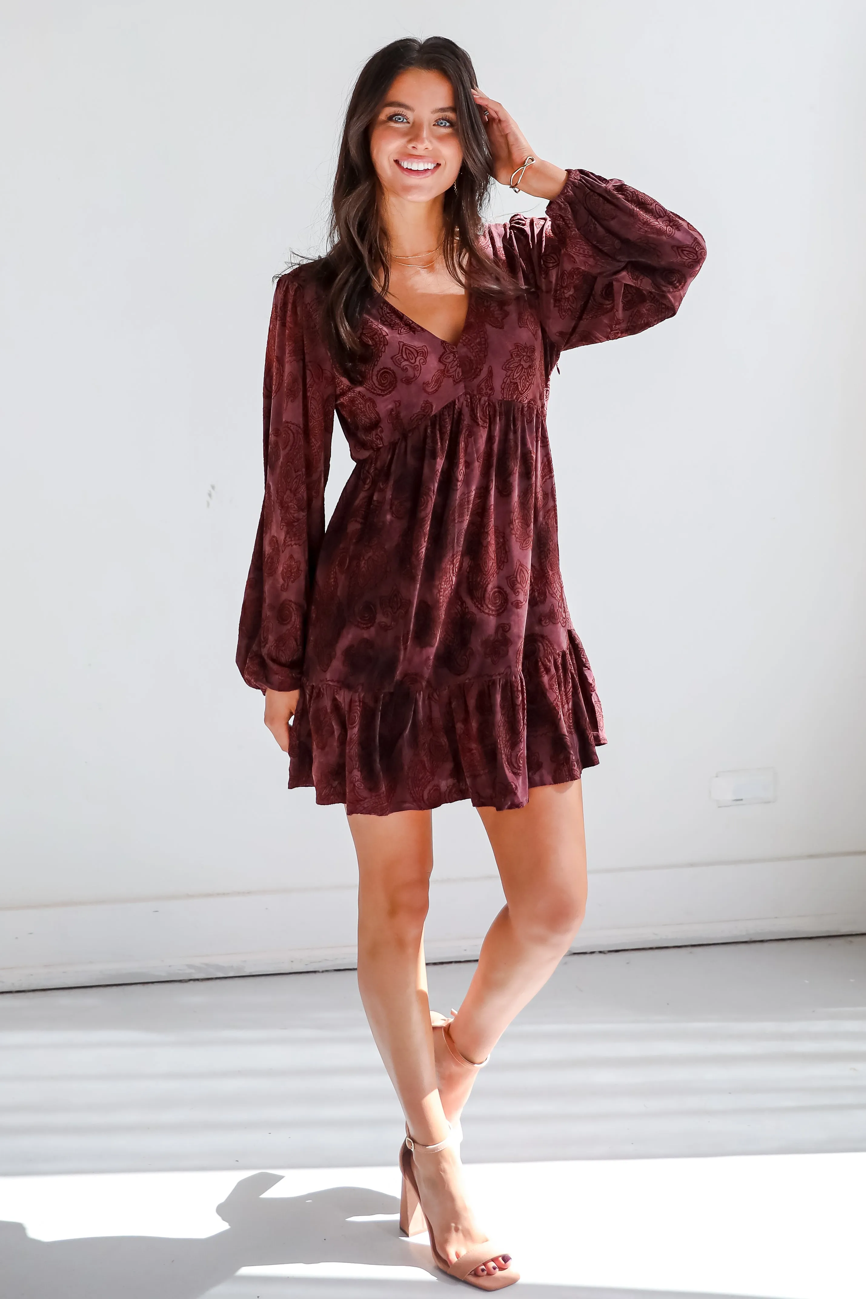 Signature Charm Wine Velvet Paisley Mini Dress