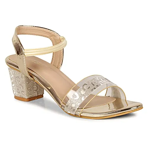 Smart & Sleek Transparent Block Heels Sandals for Women & Girls (Color-Gold, Size-7)