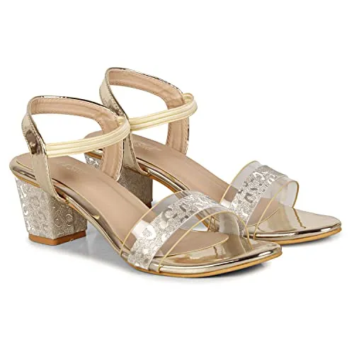 Smart & Sleek Transparent Block Heels Sandals for Women & Girls (Color-Gold, Size-7)