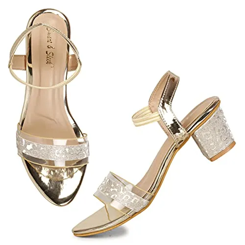 Smart & Sleek Transparent Block Heels Sandals for Women & Girls (Color-Gold, Size-7)