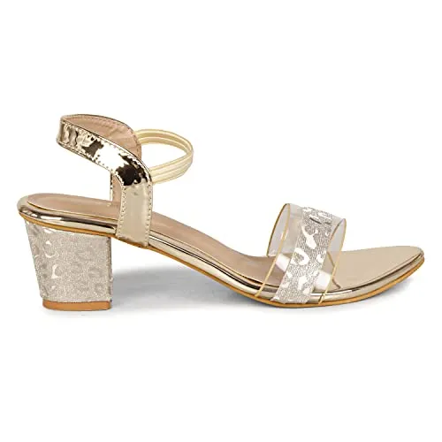 Smart & Sleek Transparent Block Heels Sandals for Women & Girls (Color-Gold, Size-7)