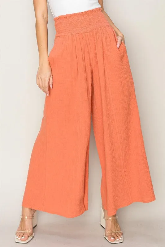 Smocked Waist Wide Leg Pants