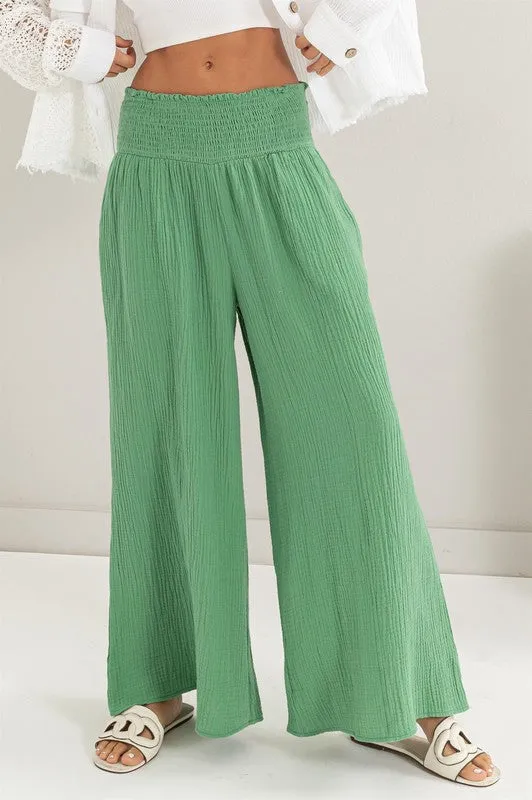 Smocked Waist Wide Leg Pants