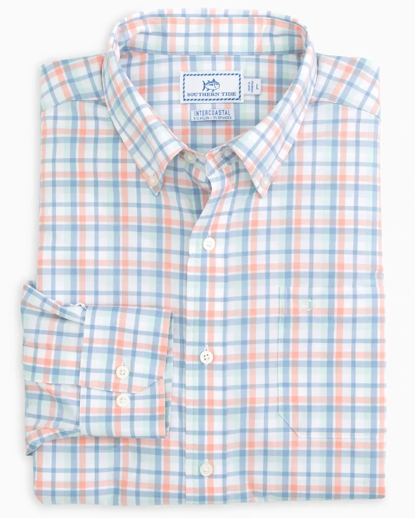 Southern Tide Men's Intercoastal Hartford Plaid Performance Sport Shirt / Sun Baked Sand