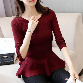 Spring Women Knitted Blouse Fashion Elegant Ruffles Long Sleeve O Neck Tunic Pullover Casual Harajuku Ladies Basic Top