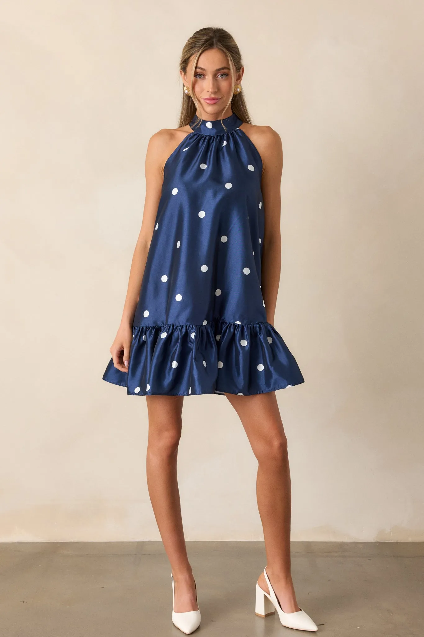 Sweet Soirée Navy Halter Polka Dot Mini Dress