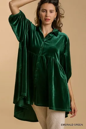 Velvet 3/4 sleeve button down tunic dress with tiered back and high-low hem