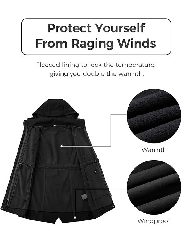 Wantdo Women's Long Softshell Jackets with Hood Fleece Lined Jacket Windbreaker