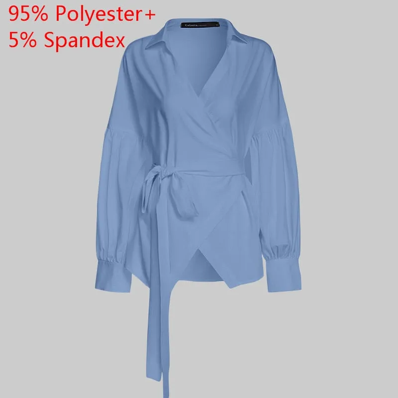 Wenkouban Fashion Women Blouse Elegant Lantern Sleeve Tunic Shirts Summer Casual Belted Solid Sexy V-Neck Tops Elegant Blusas