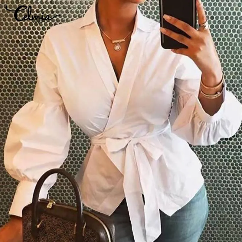 Wenkouban Fashion Women Blouse Elegant Lantern Sleeve Tunic Shirts Summer Casual Belted Solid Sexy V-Neck Tops Elegant Blusas