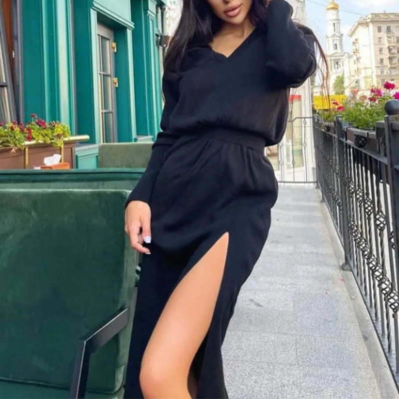 Wenkouban Knit Women's V-Neck Tunic Long Sleeve Dresses 2023 Winter New Loose Side Split Elegant Ankle-Length Dress Ladies Party Vestidos