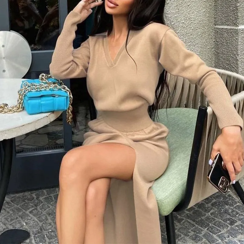 Wenkouban Knit Women's V-Neck Tunic Long Sleeve Dresses 2023 Winter New Loose Side Split Elegant Ankle-Length Dress Ladies Party Vestidos