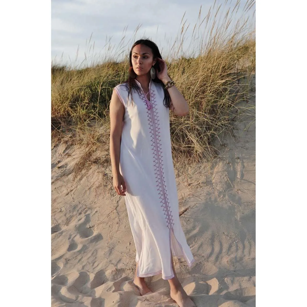 White & Pink Zigzag Boho Kaftan Caftan Loungewear - Moroccan Kaftan