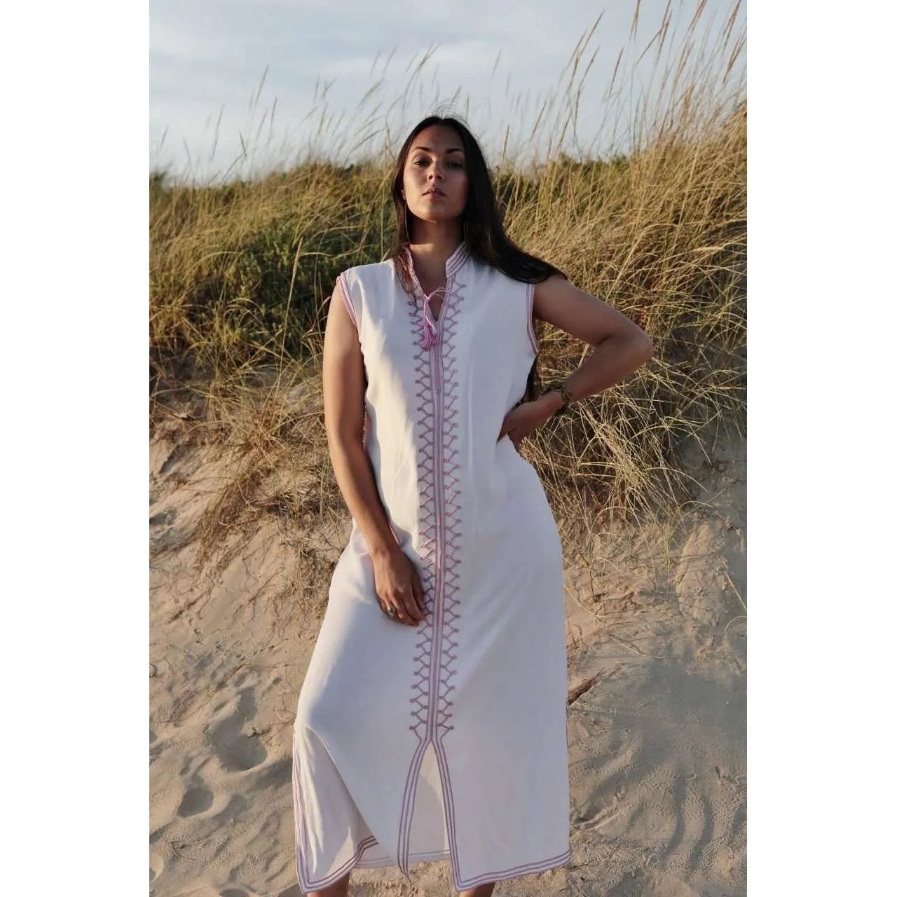 White & Pink Zigzag Boho Kaftan Caftan Loungewear - Moroccan Kaftan